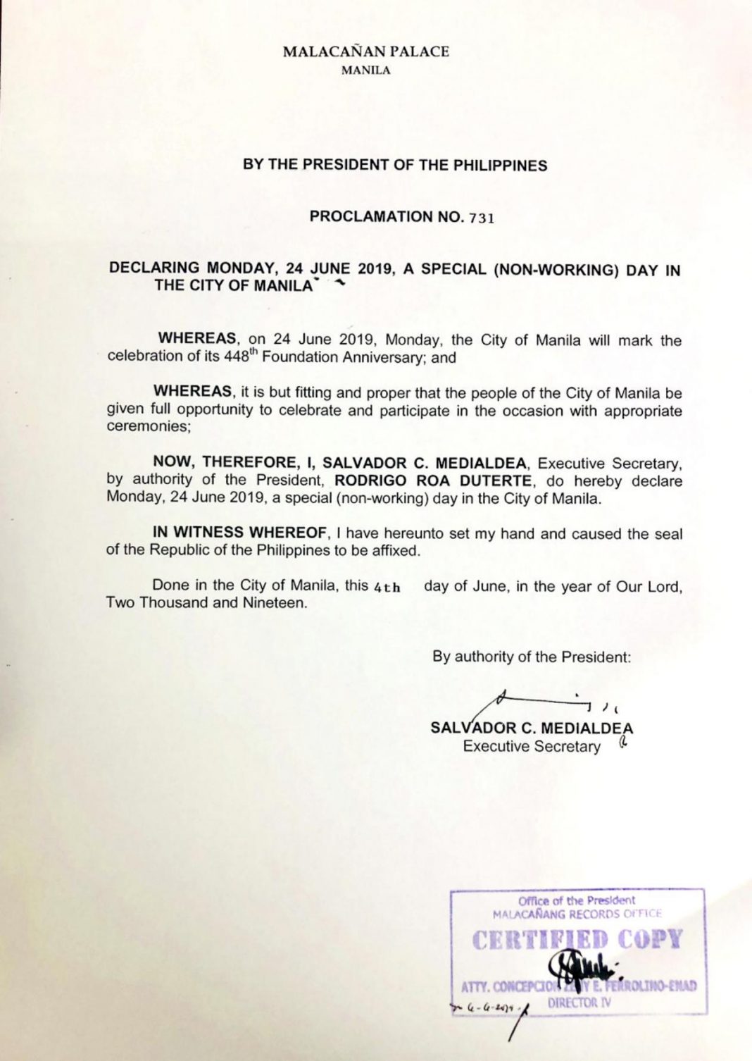 Palace declares June 24 holiday in Manila PTV News