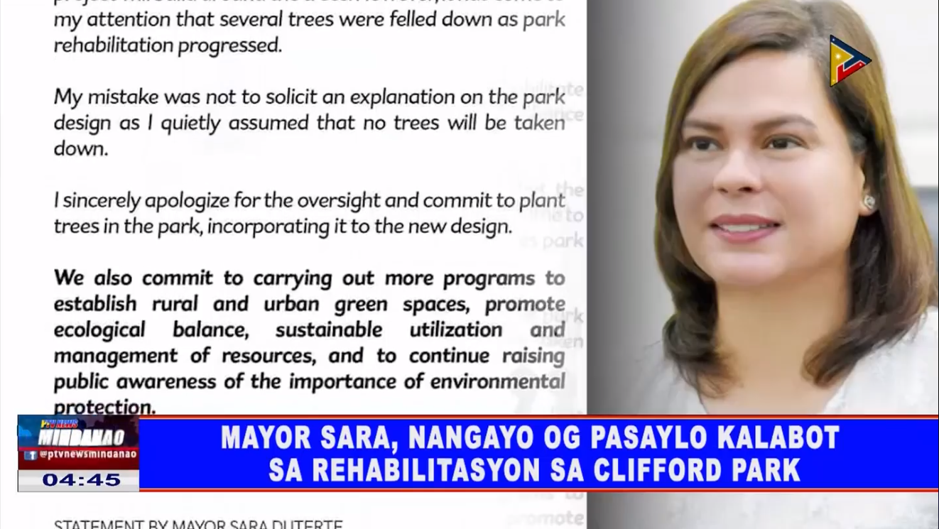 Mayor Sara, nangayo og pasaylo kalabot sa rehabilitasyon sa Clifford ...