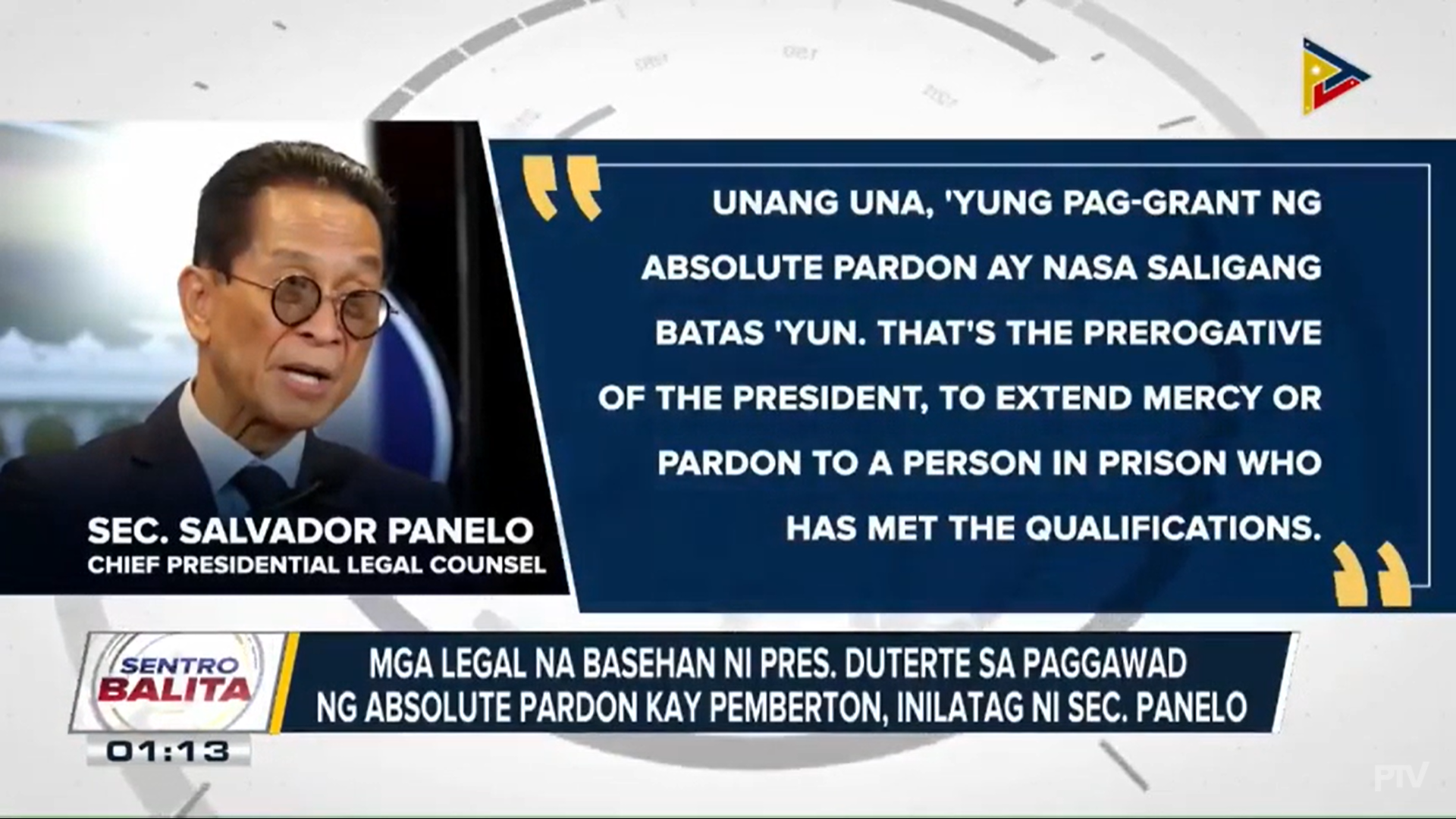 Panelo defends granting of absolute pardon to Pemberton - PTV News