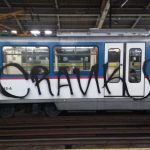 The side of an MRT-3 train is spray-painted with the word “cranks.” The MRT-3 management said a probe is ongoing on the vandalism incident. (Photo Courtesy of DOTr)