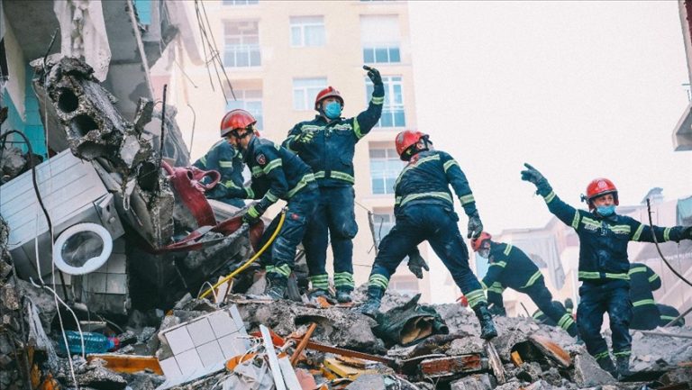 Teams continue to conduct search and rescue operations after a seven-storey building collapsed in Batumi, Georgia on Oct. 9, 2021. The dead bodies of 9 people were found in the wreckage of the building. (GEORGIAN INTERIOR MINISTRY - Anadolu Agency)