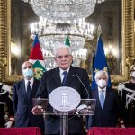 File photo taken on Jan. 29, 2021 shows Sergio Mattarella (Front) speaking to the media at the Quirinale presidential palace in Rome, Italy.  (Pool via Xinhua)