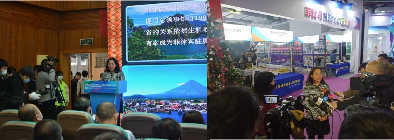 Philippine Consul General to Xiamen Maria Antonina M. Mendoza-Oblena delivers a speech during the Business Matchmaking Meeting at the 7th China (Quanzhou) MSR Intl Brand Expo. Right photo shows Oblena responding to local media people during the Exposition. (Xiamen PCG photo)