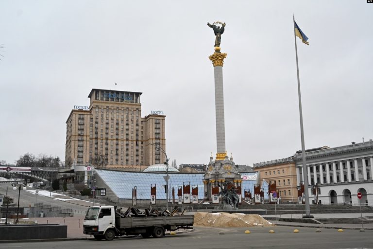 A truck loaded with anti-tanks barriers is parked at Independence Square in Kyiv, Ukraine, March 1, 2022.