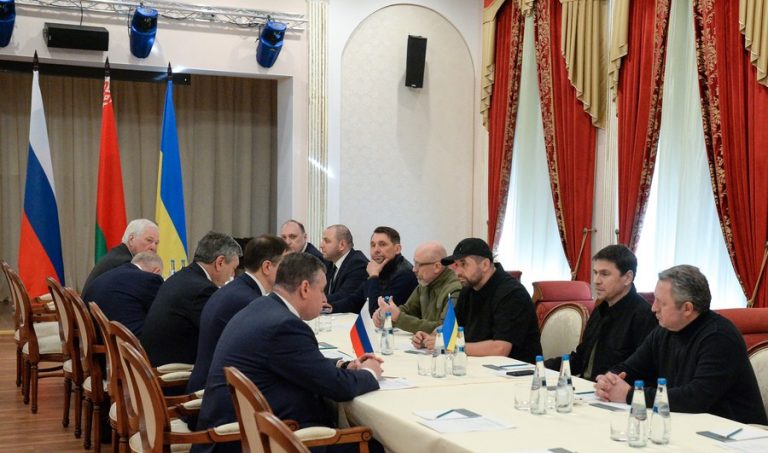 Photo shows a view of the talks between the Ukrainian and Russian delegations held in the Gomel region in Belarus on Feb. 28, 2022. (Sputnik via Xinhua)
