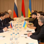 Photo shows a view of the talks between the Ukrainian and Russian delegations held in the Gomel region in Belarus on Feb. 28, 2022. (Belta news agency via Xinhua)