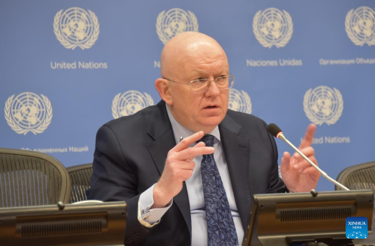 Russia's permanent representative to the United Nations Vassily Nebenzia speaks at the UN headquarters in New York, on Feb. 28, 2022. Nebenzia on Monday regretted a U.S. decision to expel 12 staff members of the Russian UN mission. (Xinhua | Wang Jiangang)