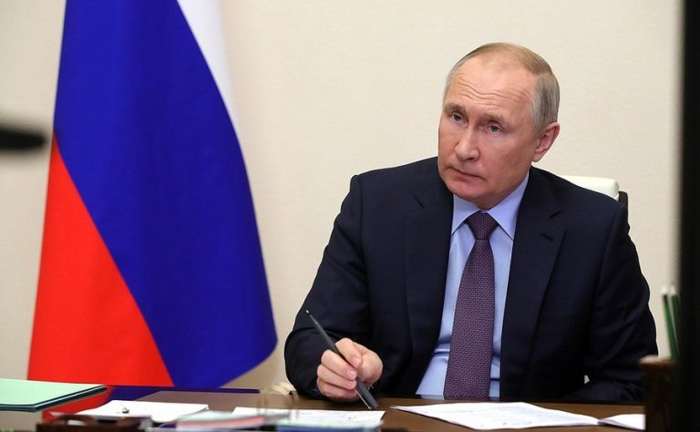 Russian President Vladimir Putin attends a government meeting via video link on the current situation in Russia's oil and gas sector on April 14, 2022. (Kremlin photo)