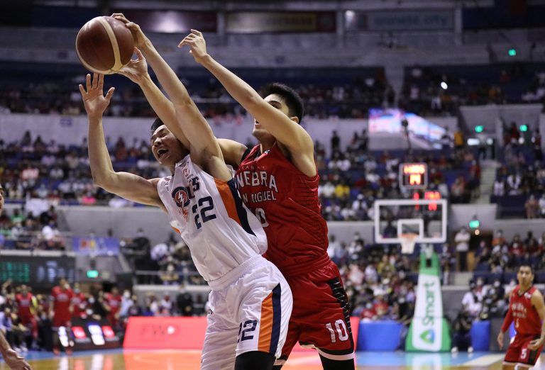 Arvin Tolentino of Barangay Ginebra and Allein Maliksi of the Meralco Bolts during Game 1 of the PBA Governors Cup Finals. [PBA Images]