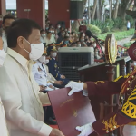 President Rodrigo Duterte joins as the keynote speaker of the Philippine National Police Academy’s (PNPA’s) 43rd Commencement Exercises in Silang, Cavite, April 21, 2022. (Screenshot of RTVM live)/PTV