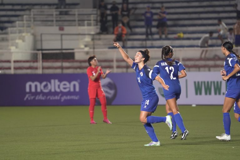 Isabella Flanigan celebrates after scoring the Filipinas’ first goal against Singapore. (photo credit: PFF)