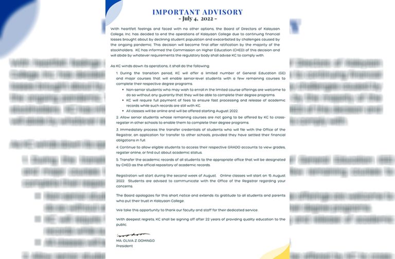 Kalayaan College ceases operations