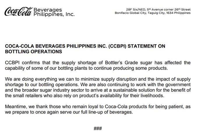 Coca-Cola production affected by sugar shortage