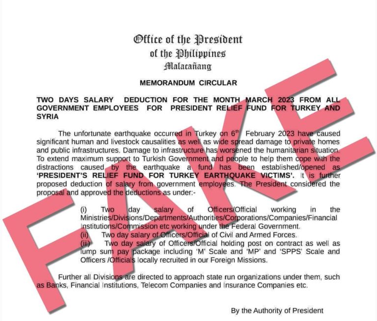 Palace refutes memo ordering two-day pay cut for gov’t workers to raise ‘relief funds’ for Turkey, Syria