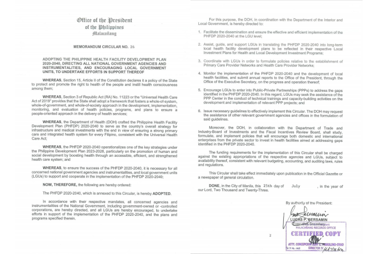 Palace issues memorandum adopting Philippine Health Facility Development Plan 2020-2040 for grassroots health services