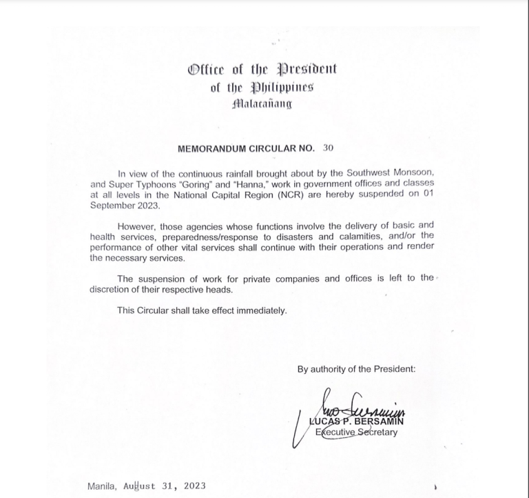 Palace suspends classes, work in NCR on Sept. 1 due to bad weather