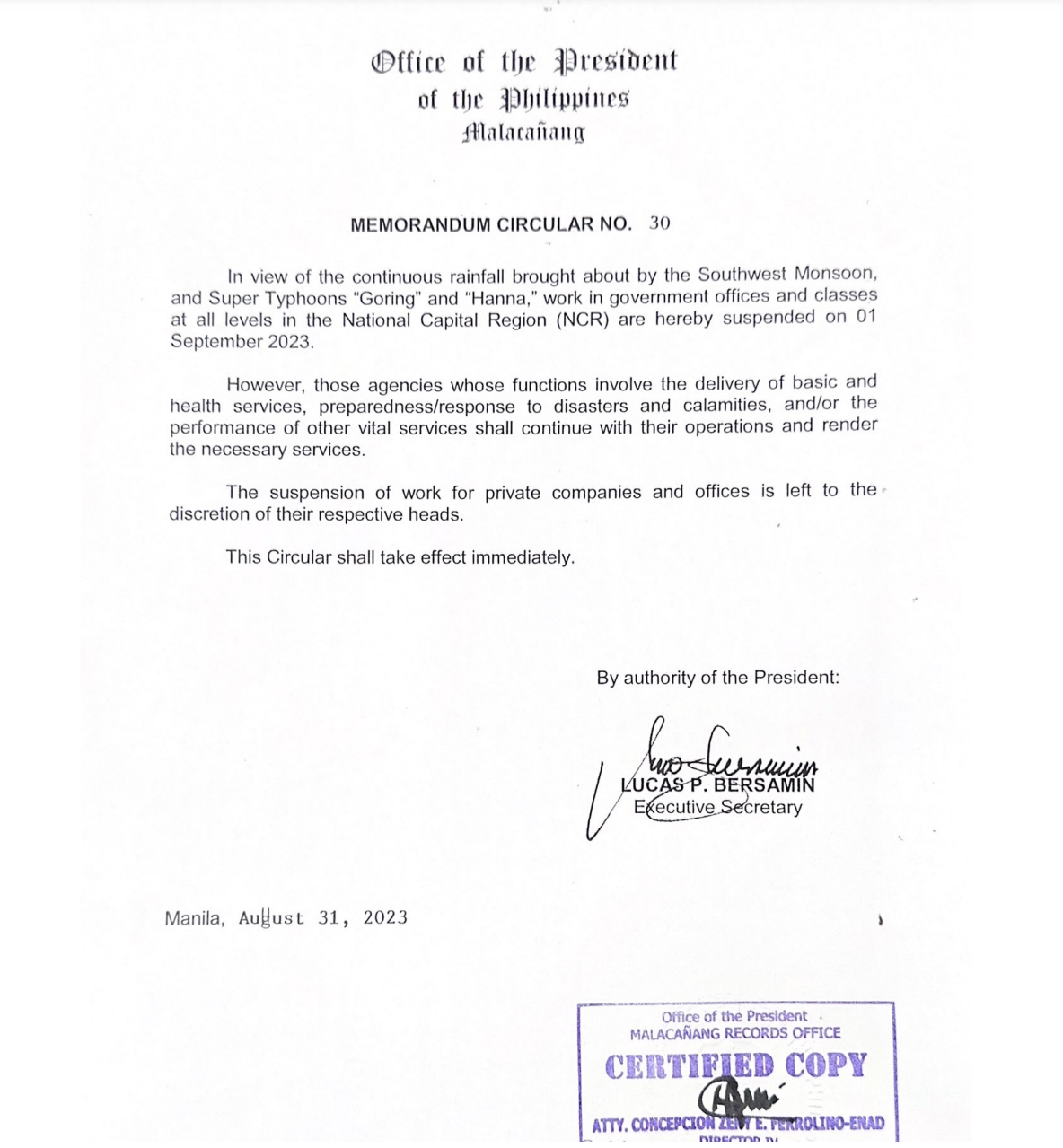 Memorandum No. ECLV-23-003: Suspension of Classes for the