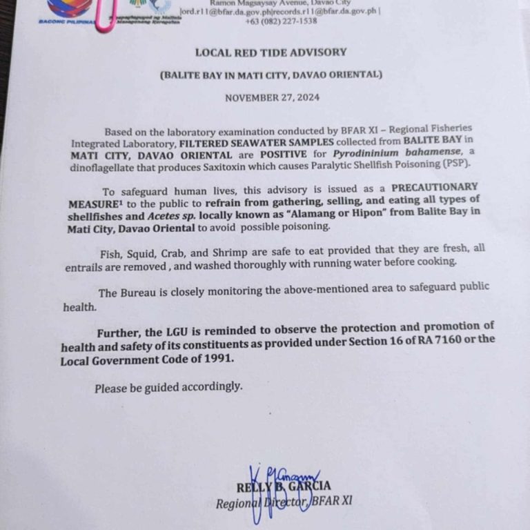 Mati City residents, visitors warned of red tide in Balite Bay